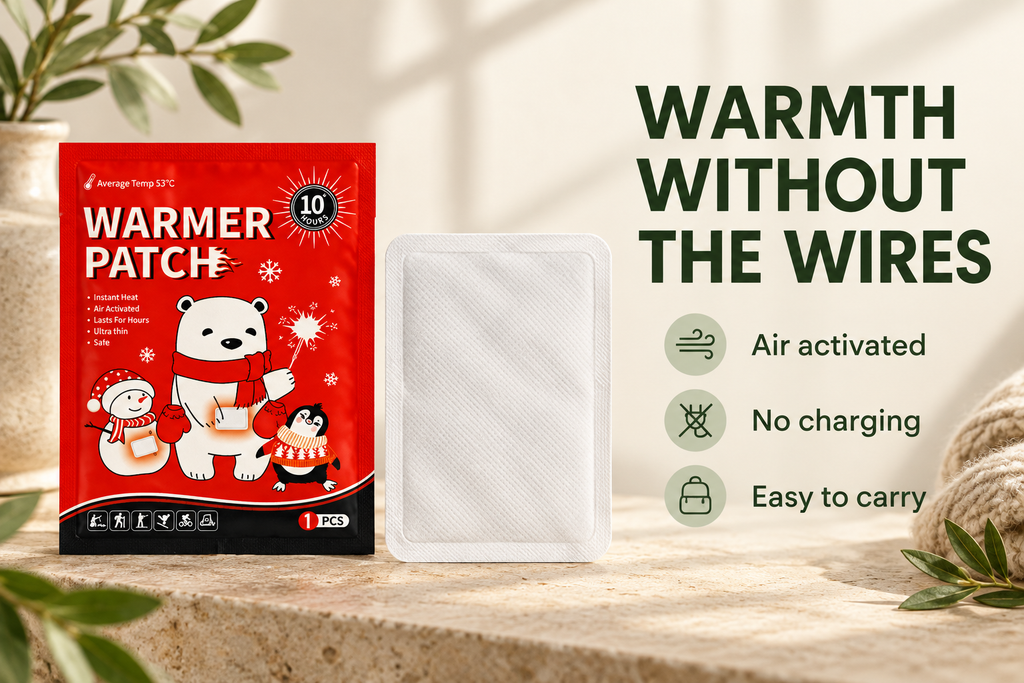 Air-activated warmer patch feature graphic showing no charging and easy portability