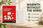 Air-activated warmer patch feature graphic showing no charging and easy portability
