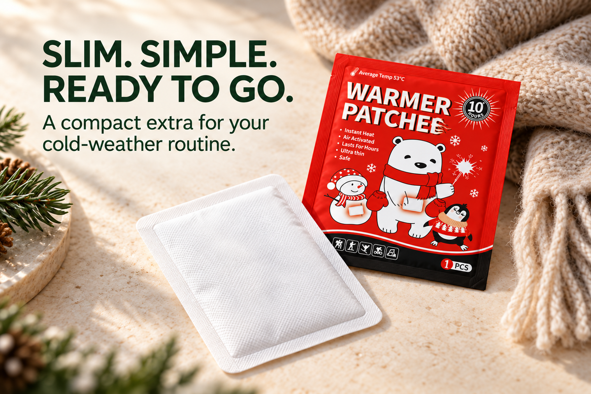 Close product detail of the textured white warmer patch and red single-pack pouch