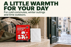 Warmer patch and retail pouch beside a winter travel bag near a European doorway