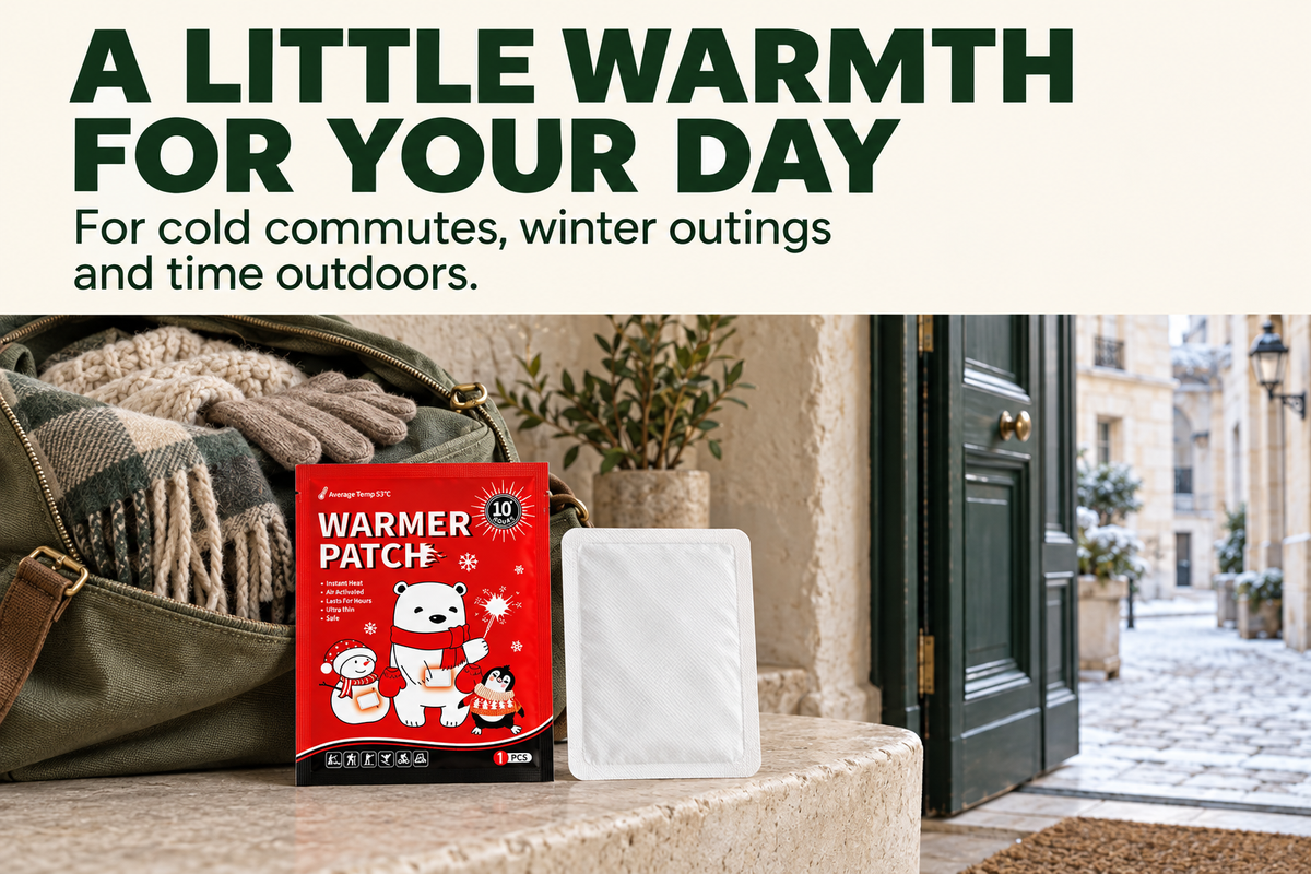 Warmer patch and retail pouch beside a winter travel bag near a European doorway