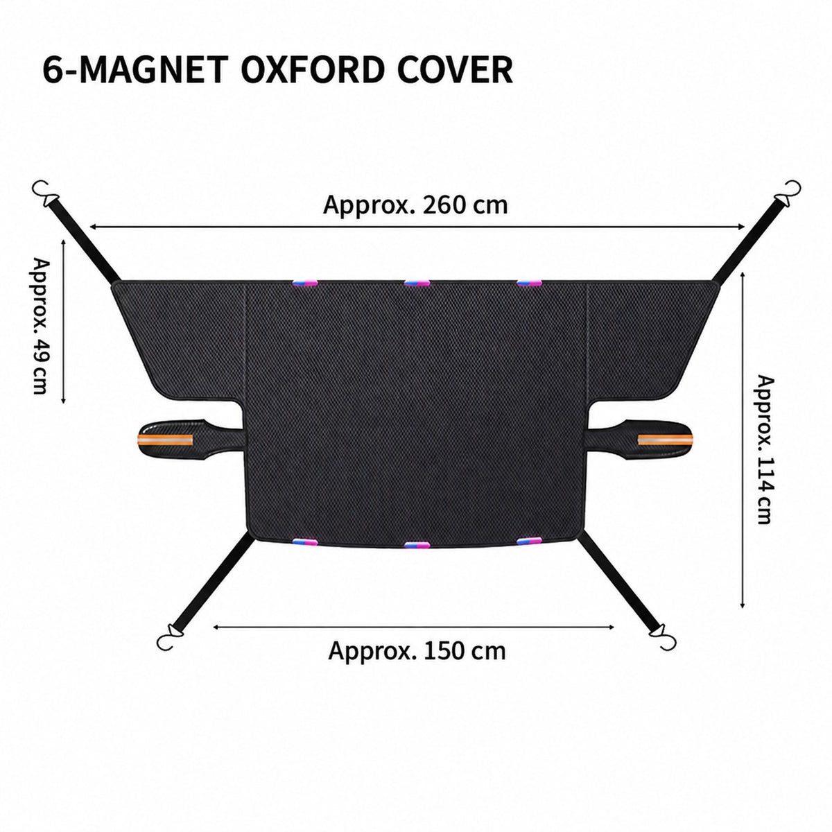 Black Oxford fabric cover with side-window coverage and reflective mirror-cover strips - Approx. 260 cm overall span, 150 cm lower width, 114 cm height