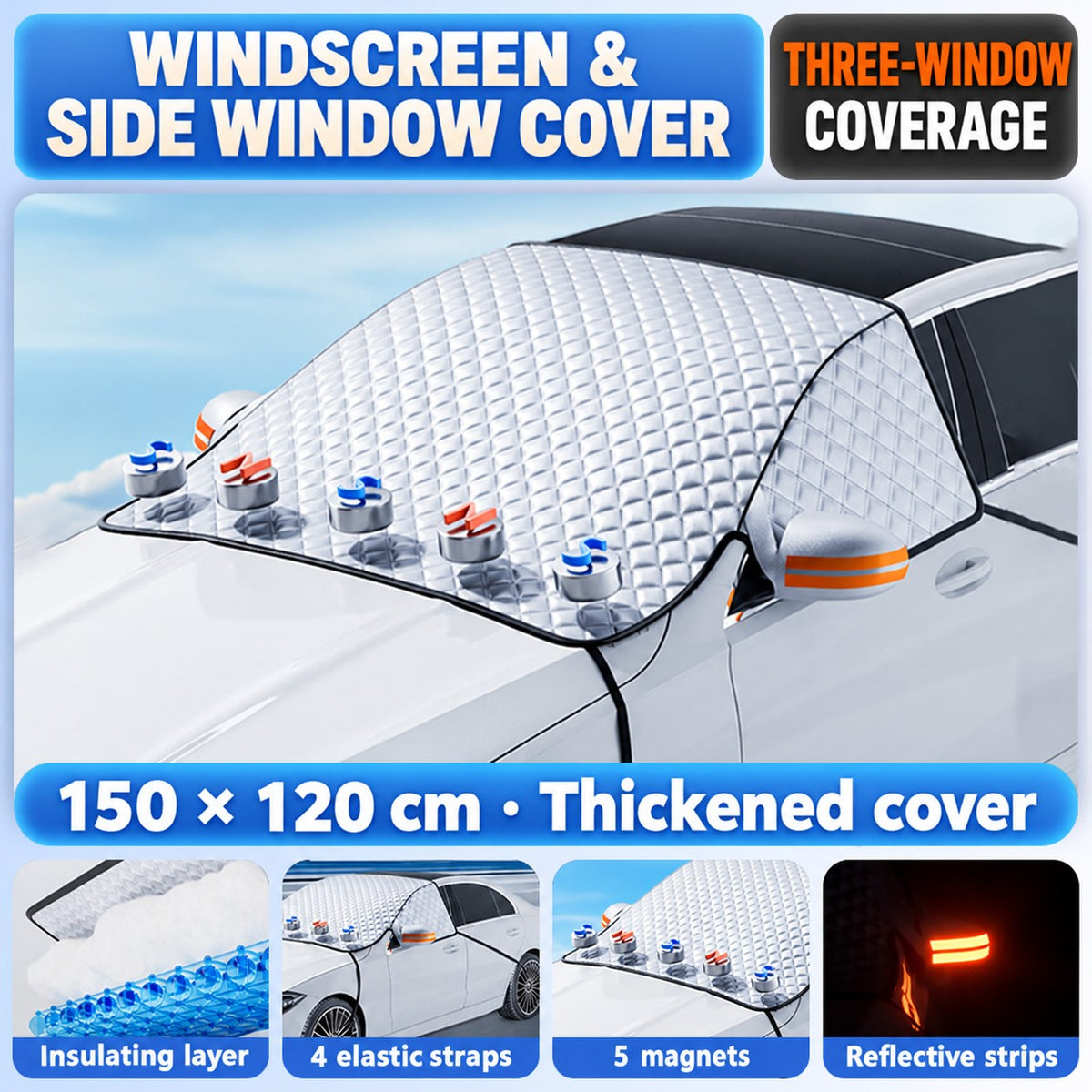 Thickened three-layer cover with mirror covers and reflective strips - 150 × 120 cm