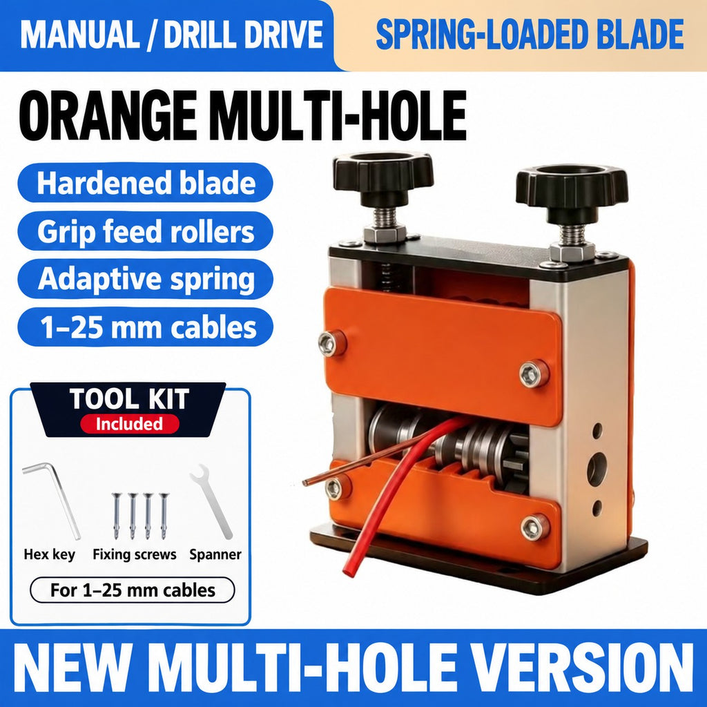Orange new-version multi-hole wire stripper with spring-loaded adjustment knobs, feed rollers and included setup tools