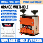 Orange new-version multi-hole wire stripper with spring-loaded adjustment knobs, feed rollers and included setup tools