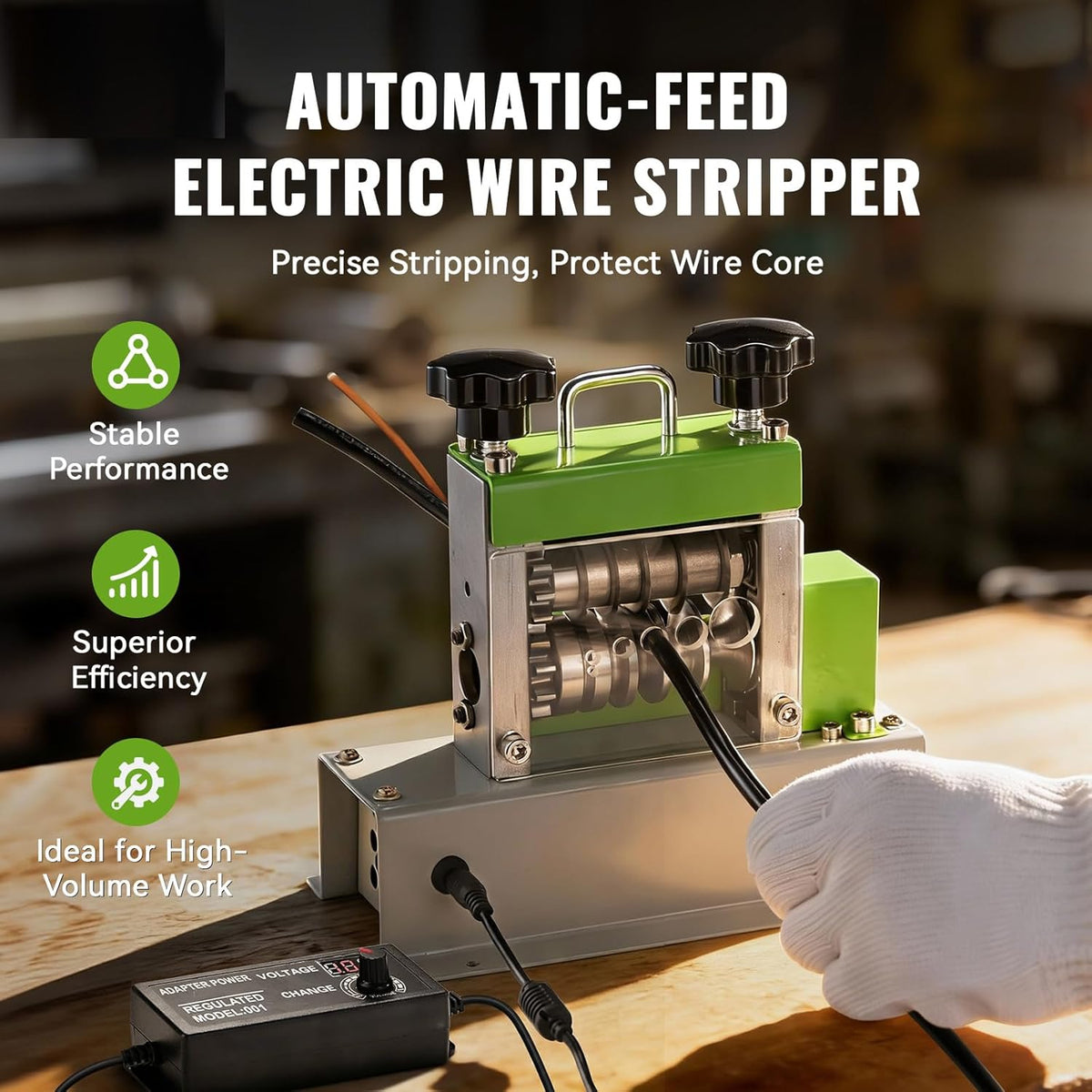 EasyWox electric wire stripper feeding insulated cable through the front guard