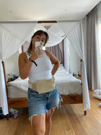Hot Hugger Cream wraparound cover worn with casual clothing