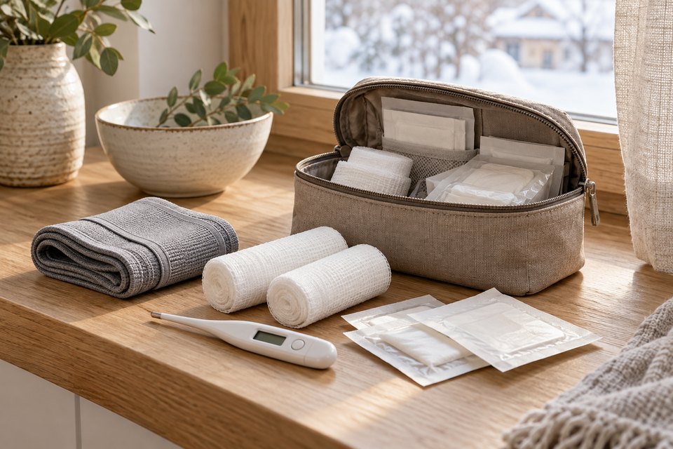 Eine Erste-Hilfe-Tasche für zu Hause, Mullbinden, ein digitales Fieberthermometer und eine weiche Stützbandage