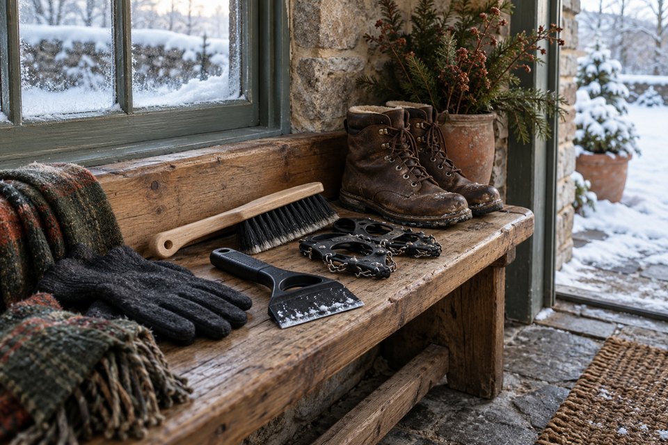 Ein Eiskratzer, eine Schneebürste, Schuhspikes und Lederstiefel auf einer Eichenbank