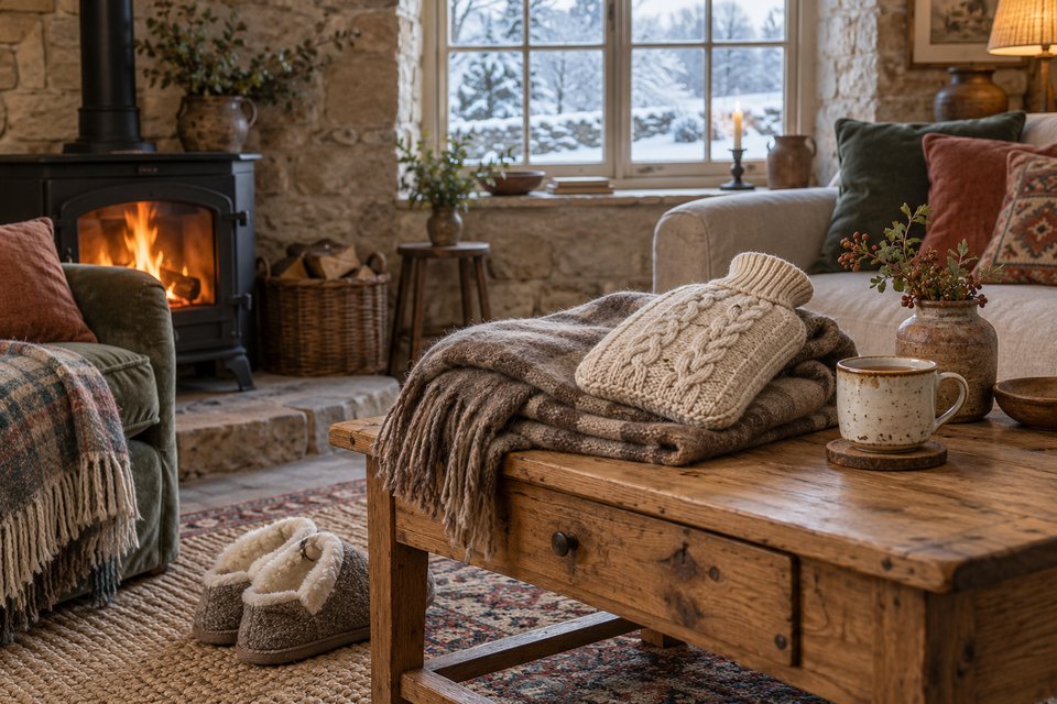 Eine Wärmflasche mit Strickbezug, eine weiche Decke und Winterhausschuhe in einem Zuhause mit natürlichem Licht